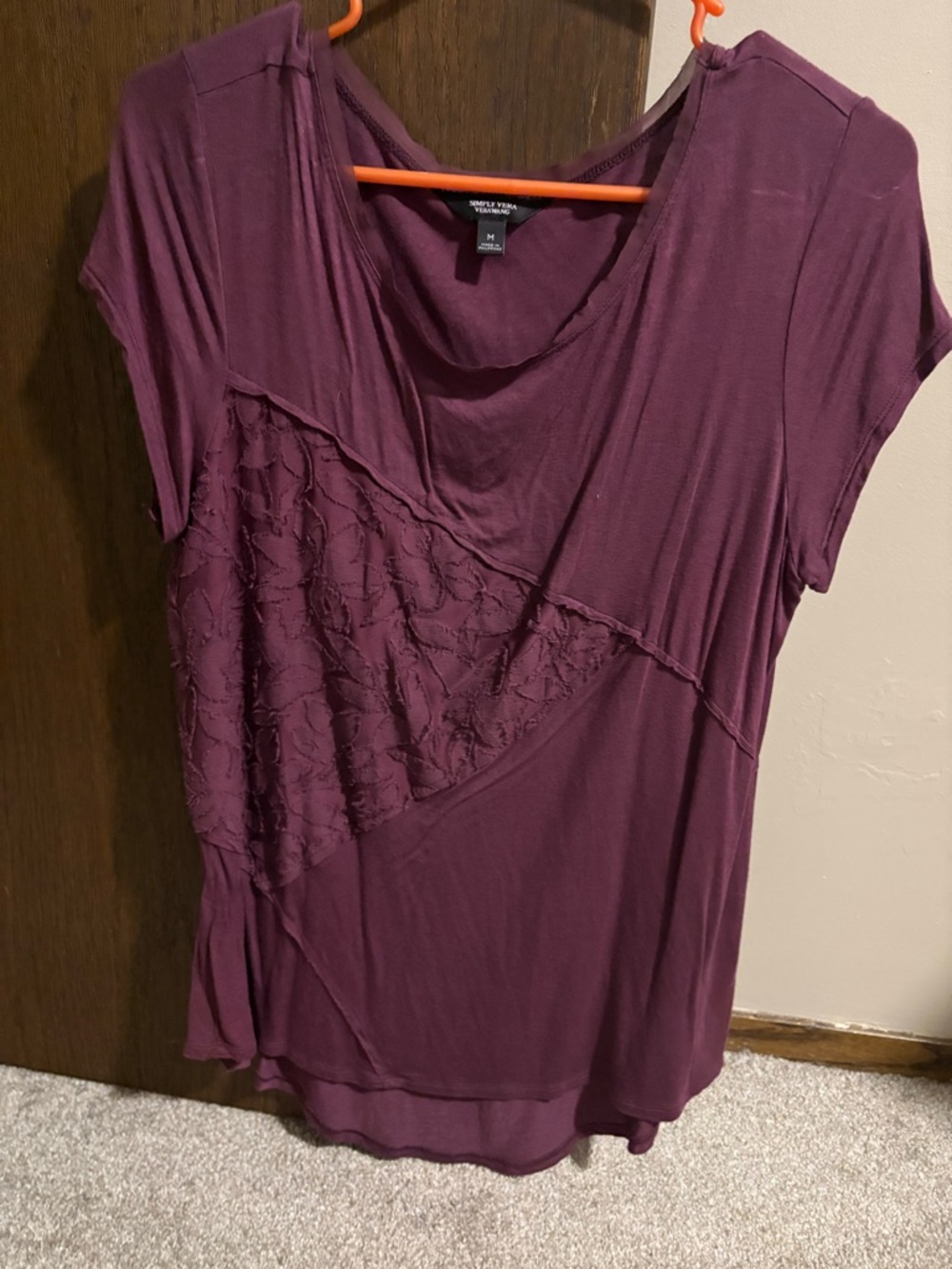 Simply Vera Vera Wang Diagonal Lace-Panel Scoop Neck Blouse - Plum